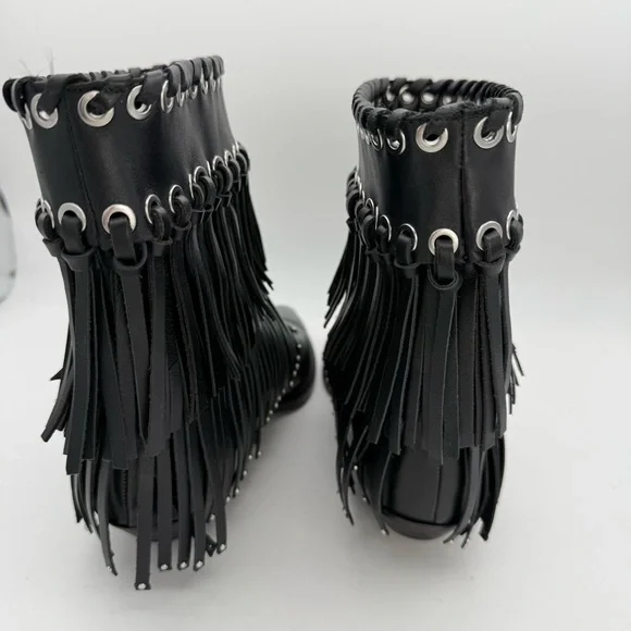 ZARA women’s Fringe Cowboy studded genuine leather Ankle Boots pull on Bootie 8 - Picture 5 of 9